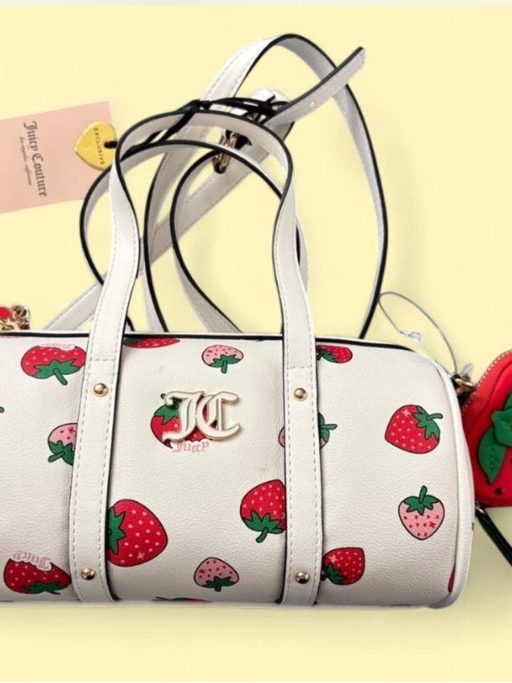 Juicy Couture White Barrel Bag with Red & Pink Strawberry Print